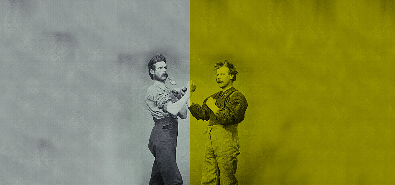 Two figures split between a black-and-white and an acid-yellow half